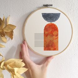 Boho cross stitch pattern Modern cross stitch PDF Orange cross stitch Geometric x-stitch Mid-century modern hoop art