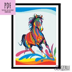Rainbow horse cross stitch pattern PDF , JPG , pop art animals cross stitch, large cross stitch ornament, rainbow chart