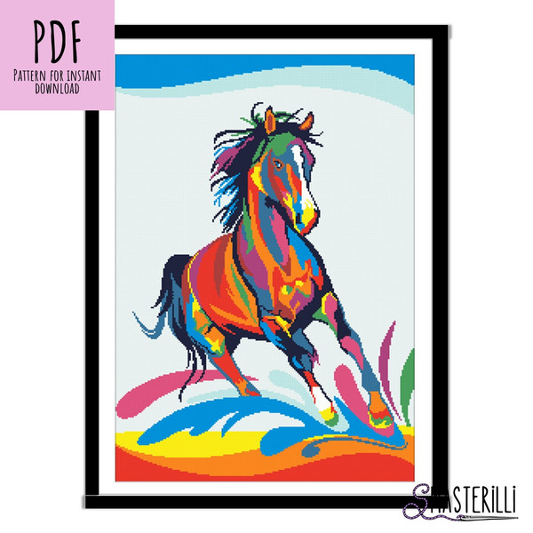 Rainbow horse cross stitch pattern PDF, animals in pop art style.JPG
