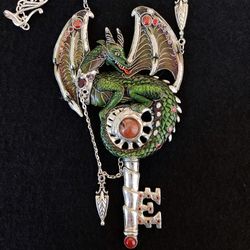 dragon and key necklace, fantasy dragon pendant, green dragon necklace, magic drago