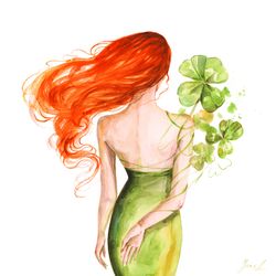 Saint Patrick Woman Painting Four Leaf Clover Original Art Luck Watercolor Red-haired Girl Artwork