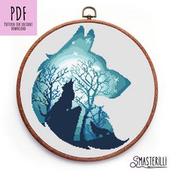 Moon wolf cross stitch pattern PDF JPG , animal silhouette cross stitch pattern, forest blue landscape cross stitch