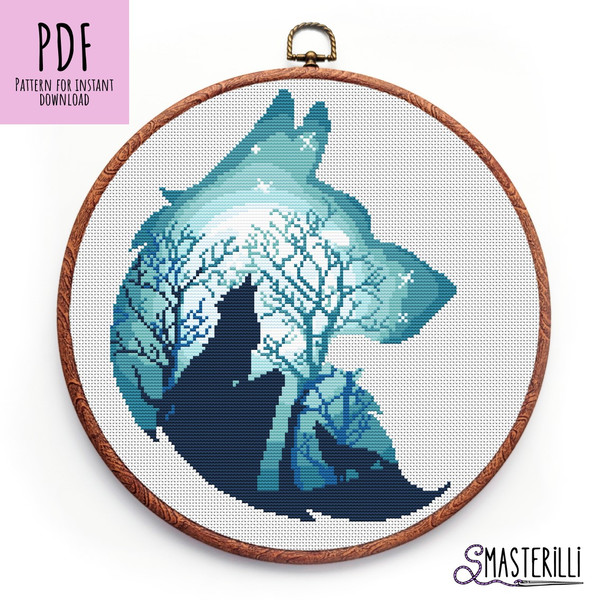 Blue woolf silhouette cross stitch pattern with moon night forest ornament. Embroidery design by Smasterilli.JPG