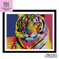Rainbow tiger cross stitch pattern PDF , JPG , pop art animals embroidery ornament , large counted xstitch design