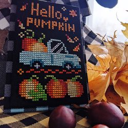 Hello pumpkin cross stitch, Primitive cross stitch pattern, Fall truck cross stitch, Small cross stitch, Digital PDF