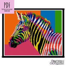 Rainbow zebra cross stitch pattern PDF , JPG pop art animals embroidery ornament , large counted xstitch design