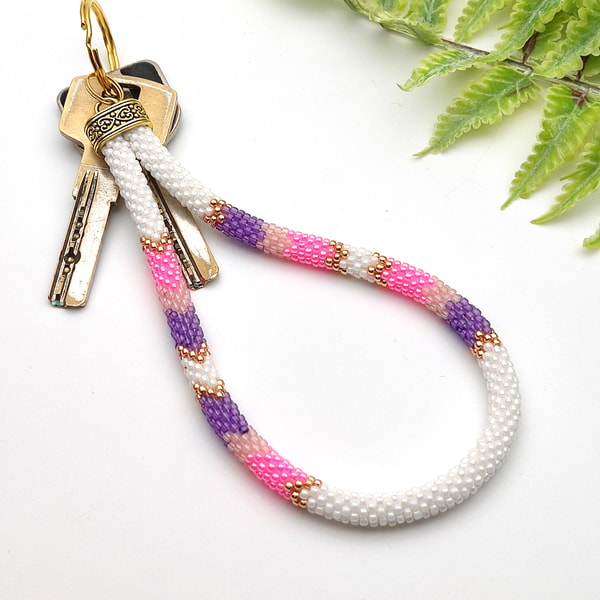 Febs Keychain Beaded wristlet keychain Fashion key fob White pink purple w - Inspire ...