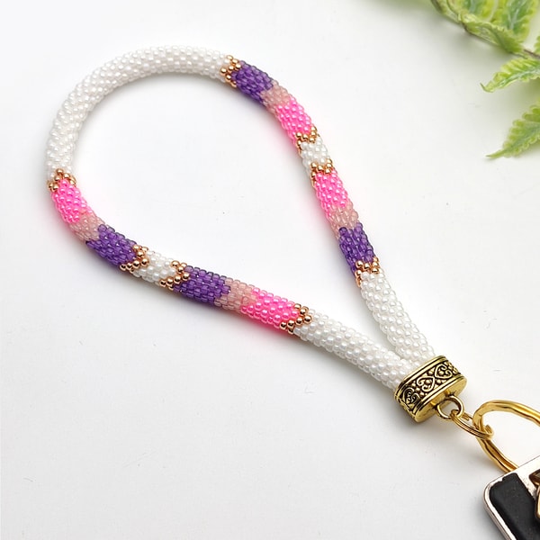 Febs Keychain Beaded wristlet keychain Fashion key fob White pink purple w - Inspire ...