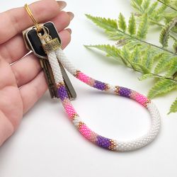 Beaded wristlet keychain Fashion key fob White pink purple wrist keychain Short wrist lanyard Native American style