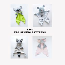 set of 4 sewing patterns koala lovey, bear lovey, raccoon lovey and elephant lovey