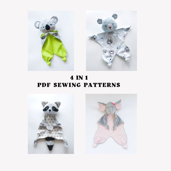 SET of 4 sewing patterns Koala lovey, Bear lovey, Raccoon lovey and Elephant lovey