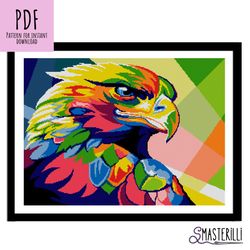 Rainbow eagle cross stitch pattern PDF , JPG pop art animals embroidery ornament , large bird xstitch design