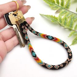 Native style beaded wrist keychain Black keychain wristlet Beaded key fob Wrist lanyard Key ring