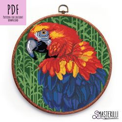 Bird cross stitch pattern PDF JPG, red parrot embroidery design,  jungle animals cross stitch, bird embroidery design