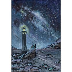 Lighthouse painting Original art Galaxy artwork Seascape wall art Night sky watercolor by Rubinova