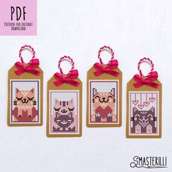 Valentine's day gift tags cross stitch pattern PDF, cute cats cross stitch pattern, love gift tags cross stitch pattern