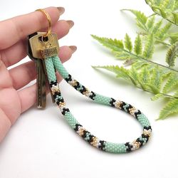 Mint green wrist lanyard Native style beaded keychain wristlet Pastel wrist key fob Handmade keyring