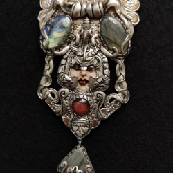 Necklace Goddess Hera, Art Nouveau style, with natural Labradorites and red agat