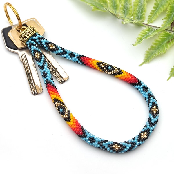 Blue Native Style keychain Beaded wristlet Wrist keychain Be | Inspire ...