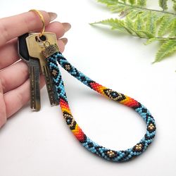 Blue Native Style keychain Beaded wristlet Wrist keychain Beaded wristlet key fob Short lanyard for keys Wrist lanyard