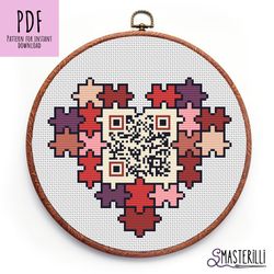 QR code heart cross stitch pattern PDF JPG, love cross stitch. valentine's day cross stitch, puzzle cross stitch pattern