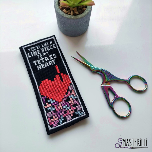 Bookmark cross stitch pattern with tetris blocks , heart an love wishes. Perfect and easy idea for Valentine's day gift by Smasterilli.JPG