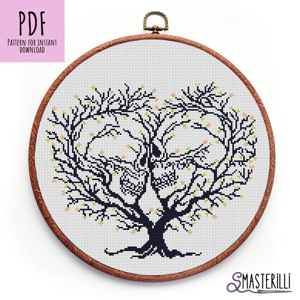 Skeleton cross stitch pattern, skulls in tree branches embroidery ornament by Smasterilli.JPG