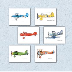 airplane nursery decoration, set 6 paper prints, vintage planes artwork