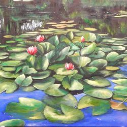 Lotus Painting Water Lilies Original Artwork Nenufar Pond Painting Floral Wall Art Water Lily Pond Landscape Art