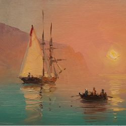 Sailing Ship Morning Sea Sunrise Realism Original Oil Painting Bedroom Wall Decor