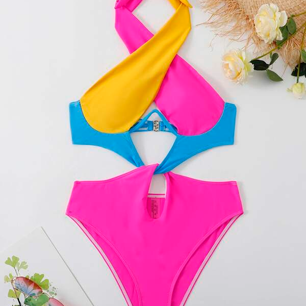 Colorblock Cut Out Criss Cross Underwire One Piece Swimsuit Beachwear Swimwear Beach Sea Summer bathing suits (5).jpg