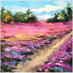 Lavender Field Painting Landscape Original Art Meadow Flowers Oil Painting Small Wall Art