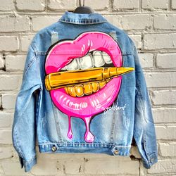 Painted denim jacket handmade jacket Custom jacket Bullet lips Cropped jean jacket Oversized jacket Gift Personalized