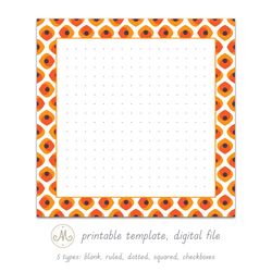 Bright orange mid century abstract pattern printable notes template, digital file
