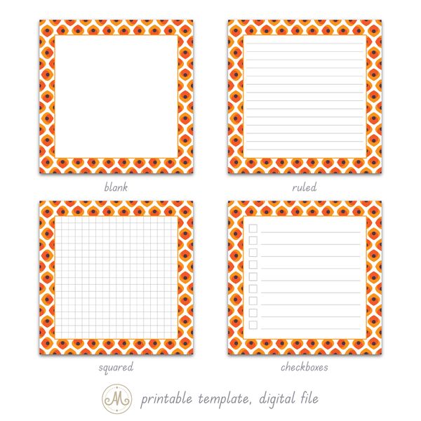 Bright orange mid century abstract pattern printable notes template_various ruling-01.jpg