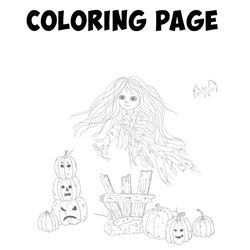 Coloring page Halloween art Ghost with Pumpkins