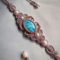 larimar necklace, choker necklace, gemstone pendant, macrame jewelry, handmade jewelry, crystal jewelry, adjustable