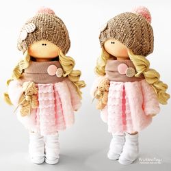 Handmade doll in a pink fur coat 28 cm. Textile stylish doll in pink and beige. Interior doll. Pink Nursery decor.