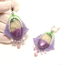 Fluorite earrings embroidered earrings beaded earrings