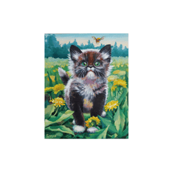 Cute Kitten and Dandelions Original Oil Art On Cardboard