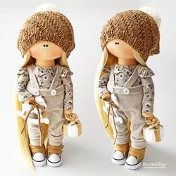 READY TO SHIP handmade stylish textile doll 28 cm | Interior doll | Gift for mom | Doll in an overall | Tilda decoration