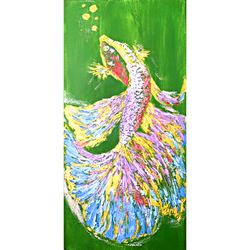 Fish Painting Gold Green Original Art Impasto Textured Painting Oil Canvas Betta Fish Artwork Fishing Wall Decor by MSUS