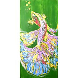 fish painting gold green original art impasto textured painting oil canvas betta fish artwork fishing wall decor by msus