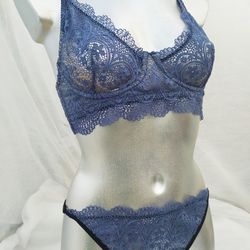 honeymoon blue sexy lingerie set bralette, 2 panties. stretch lace boudoir lingerie. underwear crotchless panties