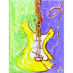Guitar Painting Impasto Oil Original Art Canvas 12" by 16" Artwork Guitar Wall Art Yellow Green Purple Art Gift for Musi