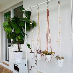 Large Modern Macrame Plant Hanger Without Tassel on Bottom, Small Boho No Tail Hanging Planter with Natural Wooden Beads