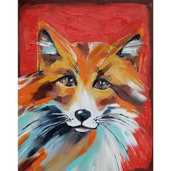 Red Fox Painting Animal Original Art Farmhouse Wall Art Small Oil Artwork 10 by 8 inch