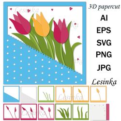 Postcard template with tulips, paper clipping, SVG