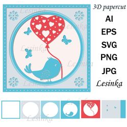 3D bird postcard with heart, paper clipping SVG