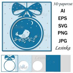 3D greeting card, Christmas bird, papercut